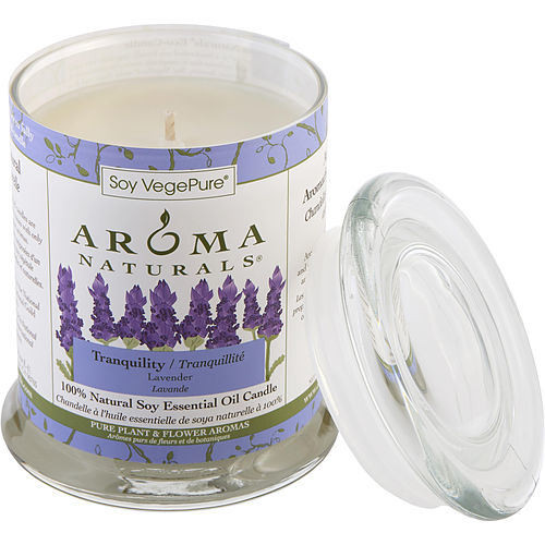 TRANQUILITY AROMATHERAPY by Tranquility Aromatherapy ONE 3.7x4.5 inch MEDIUM GLASS PILLAR SOY AROMATHERAPY CANDLE. THE ESSENTIAL OIL OF LAVENDER IS KNOWN FOR ITS CALMING AND HEALING BENEFITS