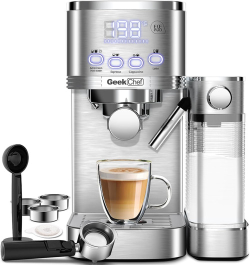 Geek Chef Espresso and Cappuccino Machine with Automatic Milk Frother,20Bar Espresso Maker for Home, for Cappuccino or Latte,with ESE POD filter, Stainless Steel, Gift for Coffee Lover Ban on Amazon