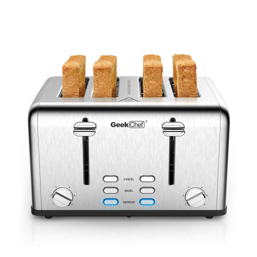 (Don't sell on Amazon) Toaster 4 slices, geek chef stainless steel extra-wide slot toaster, dual control panel with bagel/defrost/cancel function, 6 shade settings for baking bread RT