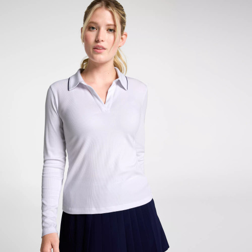 CALIA Women's Rib Long Sleeve Johnny Golf Polo, Large, Pure White