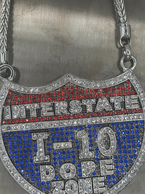 I-10 Dope Zone Gold|Blue|Red Fully Iced Badge Pendant w/FREE 36" Chain