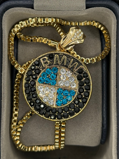 "BMW BLUE-14K GOLD Plated -BLACK EMBLEM Pendant 1.5" Round | LIMITED 