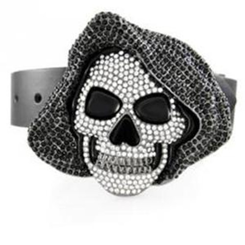 Hoodie Skull Belt Buckle with clear and BLACK Stones.