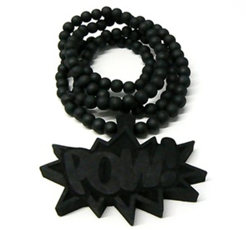 "Good Wooden Black "POW" Pendant w/36" beaded chain