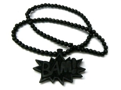 "BAM" BLACK Wood Pendant with FREE Beaded chain