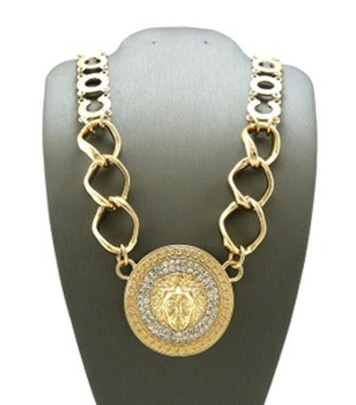 "NEW-Versace style Gold Medal Pendant w/Chain