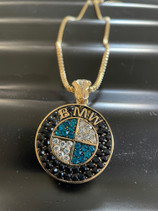 "BMW BLUE-14K GOLD Plated -BLACK EMBLEM Pendant 1.5" Round | LIMITED 