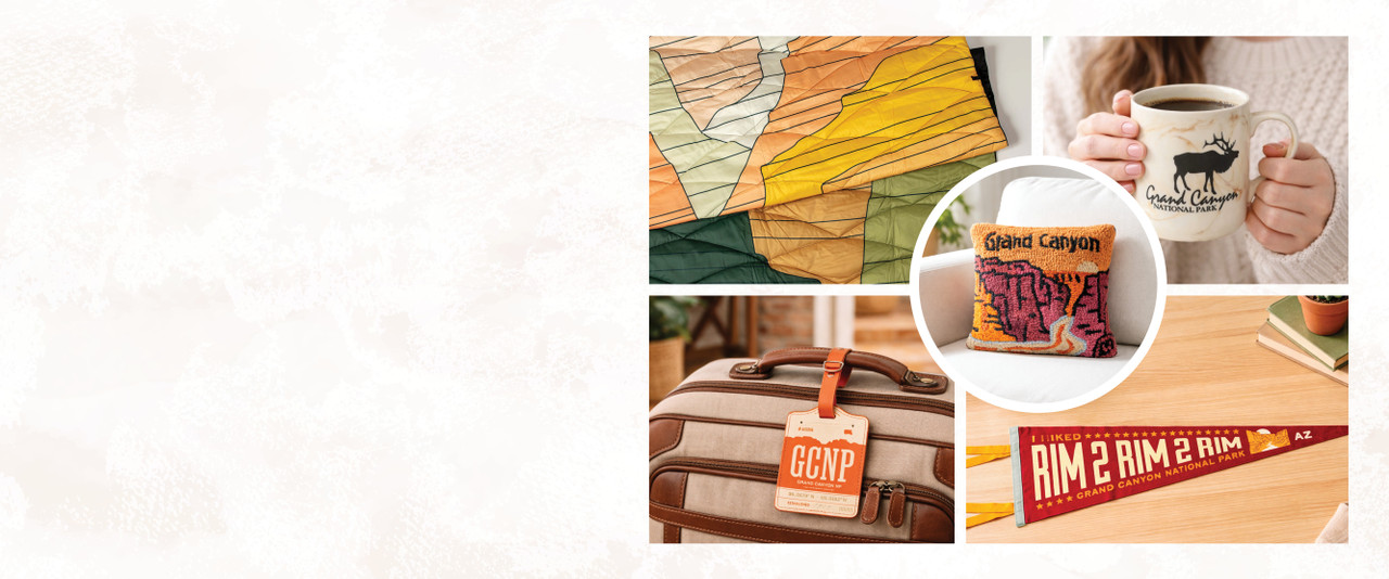 Grand Canyon blanket, mug, pillow, luggage tag, and oxford pennant.