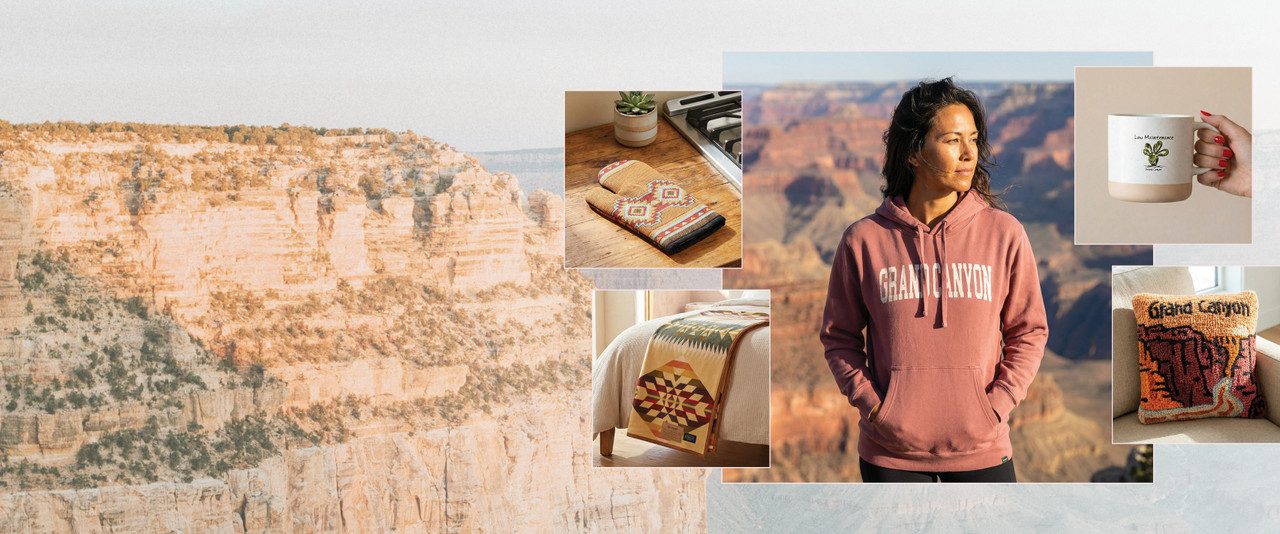 Woman in Grand Canyon hoodie, mug, blanket, pillow, and oven mitt all on a Grand Canyon background.