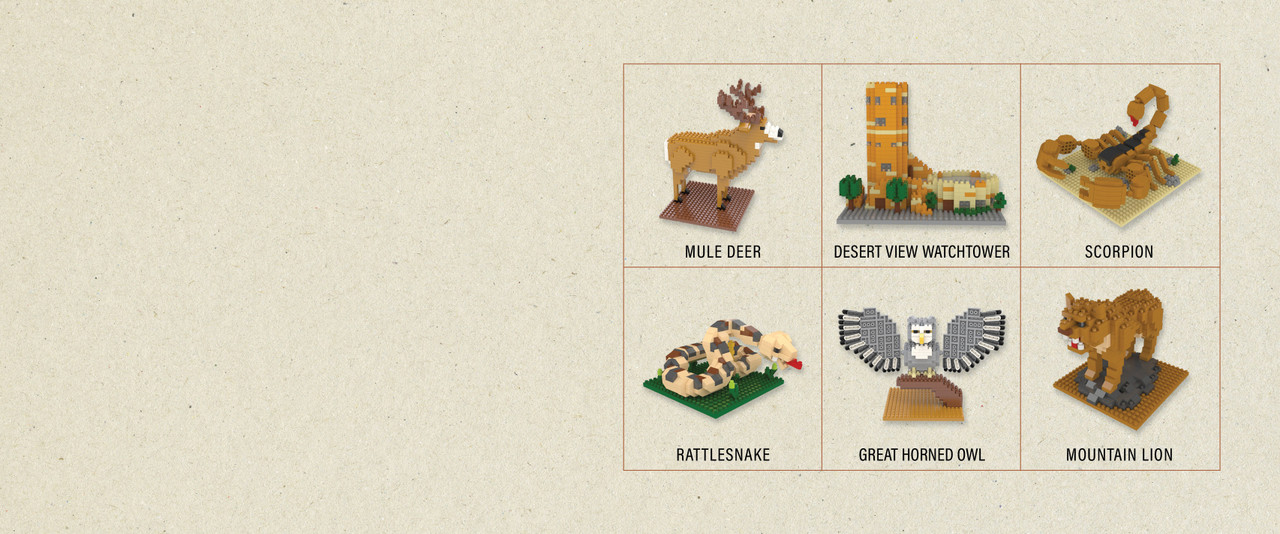 Mule deer, Desert View Watchtower, Scorpion, Rattlesnake, Great Horned Owl, and Mountain Lion mini building block sets on a tan background.