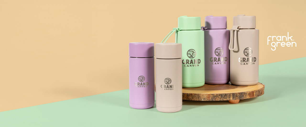 Frank Green bottles in purple tan and green.