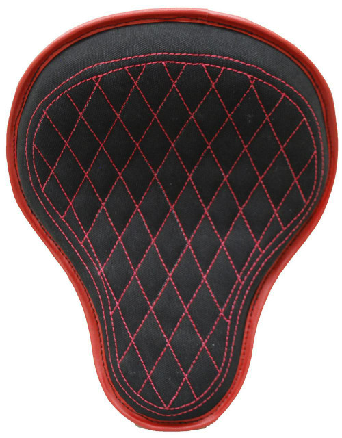 LA ROSA DESIGN 16" CHOPPER BOBBER CUSTOM /SPORTSTER/SOFTAIL/DYNA/TOURING BIKES CANVAS SOLO SEAT - BLACK CANVAS WITH RED ACCENTS