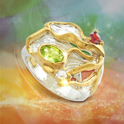 The Leaf On The Wind Ring - Release  yourself to the great mystery. Peridot, Garnet, White Topaz,  Gold & Silver