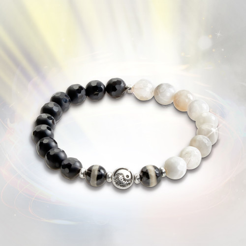 The Optimal Yin And Yang Energy Balancing Bracelet - Black Onyx, White Agate and Tibetan Agate