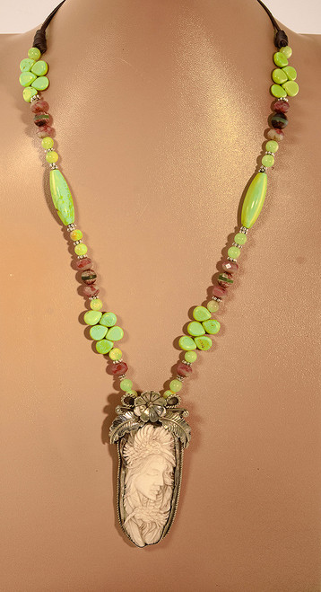 Live Show Item 46 -Hummingbird Woman Shamanic Power Talisman Necklace with native Nepalese bird woman carving, apple green turquoise and Tibetan dzi stones. 