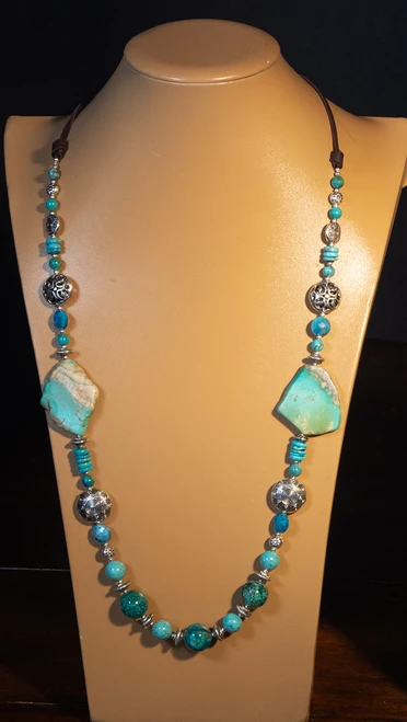  Item 55 Live Show. The Peaceful Feelings  Necklace. Turquoise,  Apatite,chrysocolla and sacred  4 point star symbol.  Silver beads. 