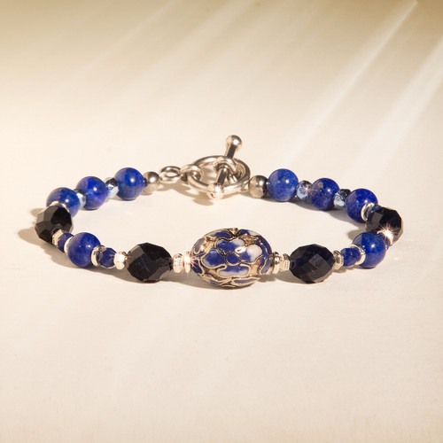 Item 41 Live Show. The Deep Intuition Bracelet. Collector's grade black sodalite, lapis and blue sky-flower cloisonne.  