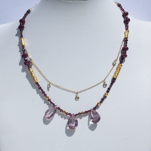  Item M38 Live Show. Pink  Quartz, Ruby, Pre Coumbian Motif Gold Vermeil Necklace. 