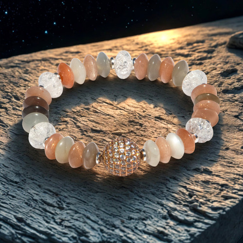 Moonlight Magic Bracelet. Limited Edition.  Moonstone, pave bead and crackle quartz to amplify powers of the divine femine 