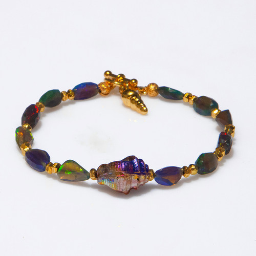 Item J8 - The Mermaid's Treasure Natural Black Opal Bracelet With Crystal Snail Shell
