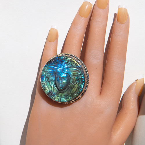 Item J25 -Labradorite Carved Medusa Ring. Adjustable size. 