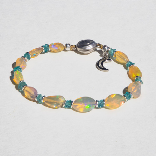 Item J37 - The Opal Moon Bracelet - With Blue Apatite, Moon Charm And Silver Plate Magnetic  Clasp
