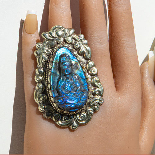Show JL30. Labradorite Hand Carved Quan Yin Ring. Adjustable Size. Nepalese