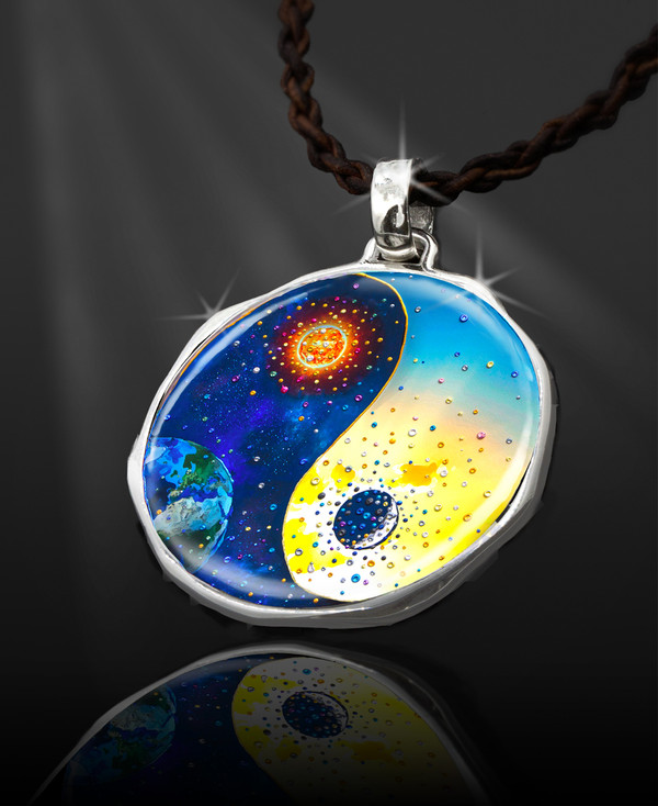Yin And Yang Sun & Moon Positive Energy Pendant  From the "New Bohemian" Collection. Platinum Plated.