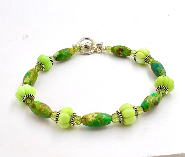 The "Healthy Life" Bracelet - Green pumpkin cut opal, turquoise and peridot