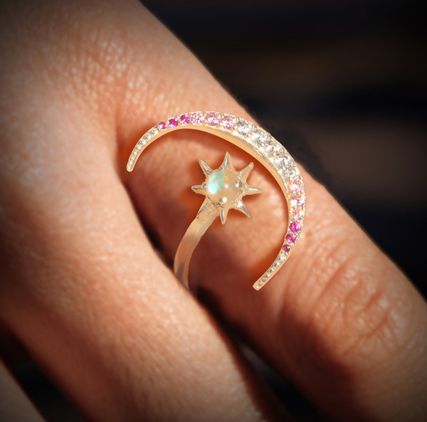 The Moon And Stars "Have It All" Ring - Indian Moonstone, Ruby, White Topaz