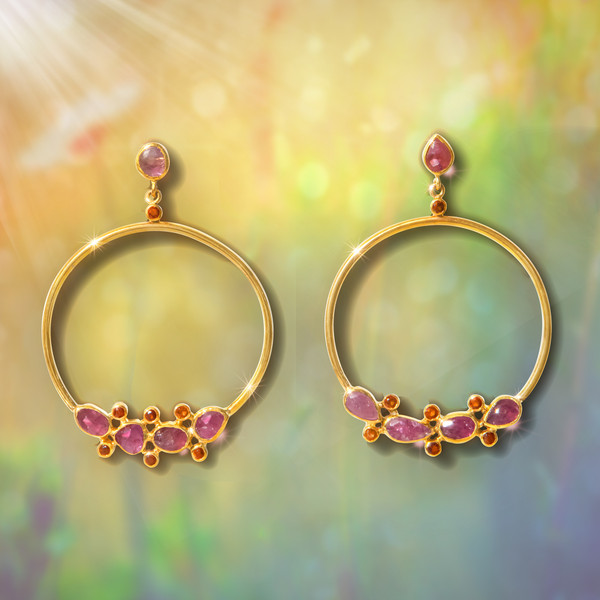 Gold Hoop Elegance Earrings With Pink Tourmaline And Royal  Hessonite Garnet - Early Release.  Increases love, passion, power and emotional healing.