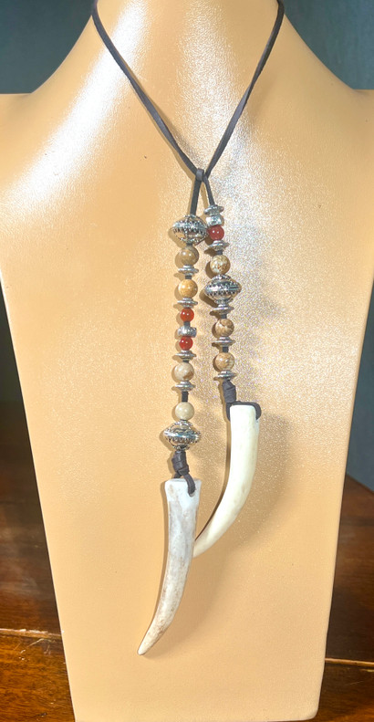 Live Show Item 42 - The Power Shaman's Boho Necklace -  Double deer antler, carnelian, picture jasper. Both stylish and spiritually powerful.