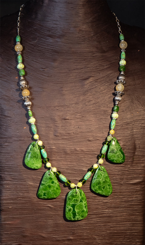 Item 52 Live Show. The Stone Of Youth And Vitality Energy Necklace -  Beautiful green jade-albite, honey calcite, green opal, green turquoise.  