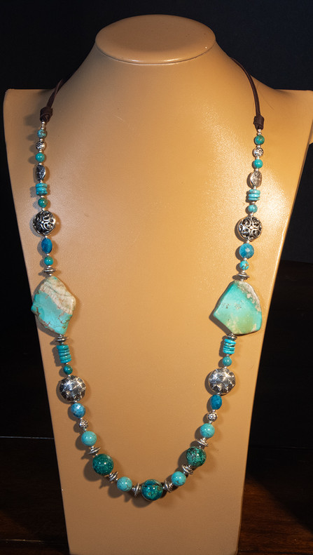  Item 55 Live Show. The Peaceful Feelings  Necklace. Turquoise,  Apatite,chrysocolla and sacred  4 point star symbol.  Silver beads. 