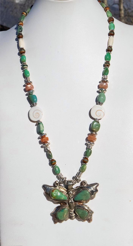 Item JL15 Live Show.  Native carved Magic Butterfly Necklace With Turquoise, And Shiva Enlightenment Beads. 