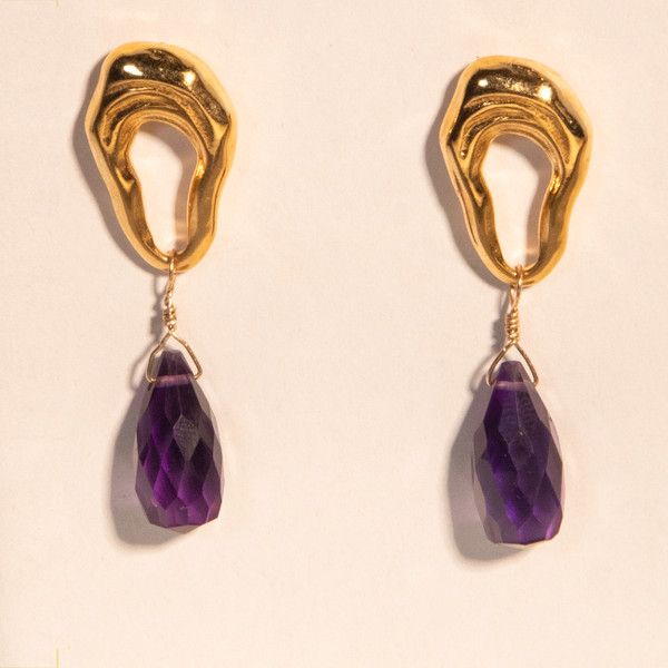  Item M21 Live Show. The  Waterdrop Earrings.  Purple quartz. Gold plate. 