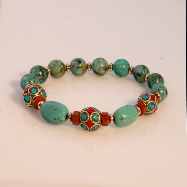 Item M28 Live Show. African Turquoise, Authentic Turquoise Nugget, Red Jasper And Coral Tribal Bracelet. 
