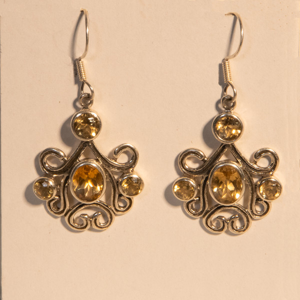 Item M33 Live Show. Silver citrine scroll earrings.