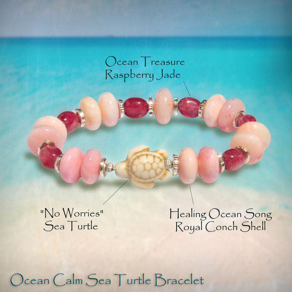 Ocean Calm Sea Turtle Bracelet.  The energy of rhythmic waves and inner peace.  With Royal Pink Conch, 