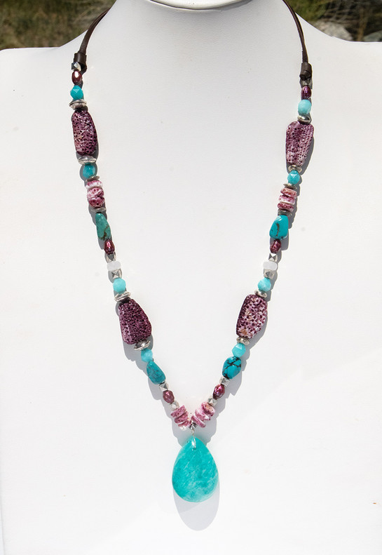 Live Show Item J12 - The Lucky Life Necklace. AAA Amazonite, Burgundy Pearls  And Spiney Oyster Necklace
