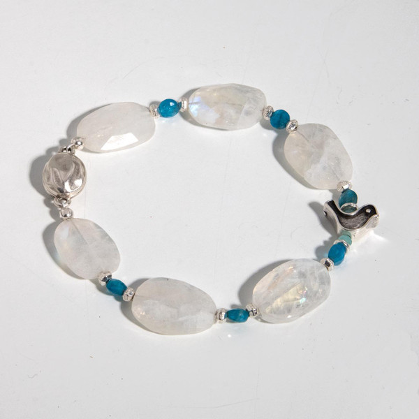 Item J28 - Old Stock AAA Indian Blue Fire Moonstone Bracelet With Dove Charm And Blue Apatite Charm 