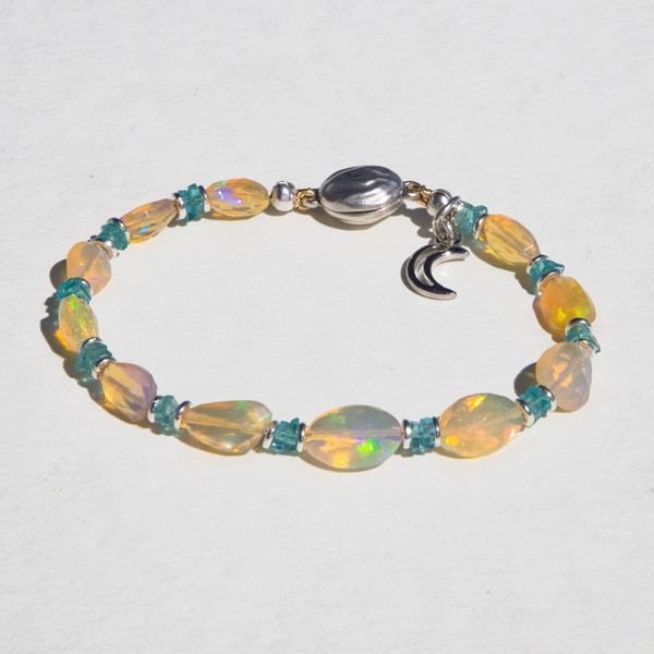 Item J37 - The Opal Moon Bracelet - With Blue Apatite, Moon Charm And Silver Plate Magnetic  Clasp
