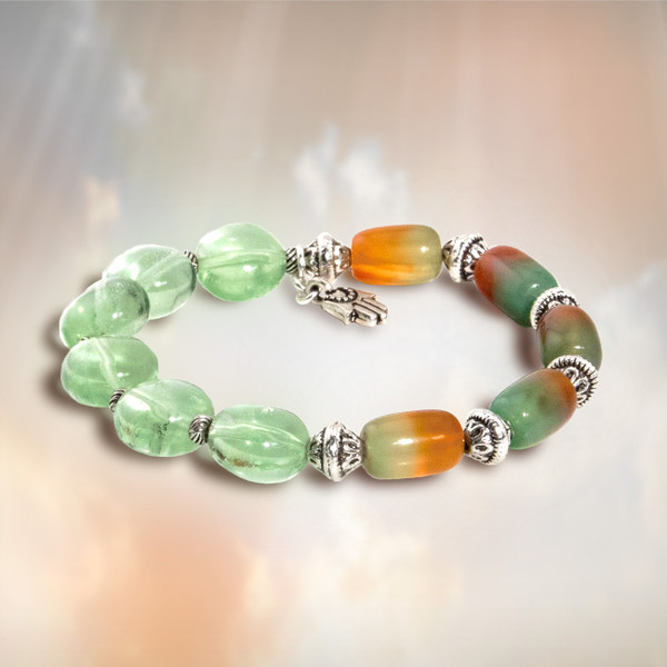 Hamsa Bracelet. The Joy And Happiness Protection Bracelet. Green fluorite and rainbow agate. 