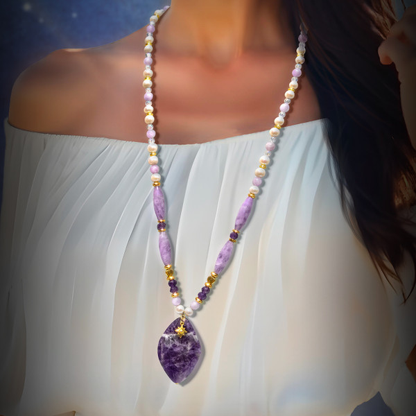 Live Show JL6. The Celestial Guide Necklace.  Directional 8 point star. Amethyst. Pearl. Lavender Amethyst. Cape Amethyst.