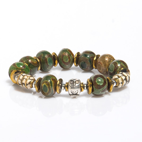 Live Show JL31. The Wise,  Wonderful And Protected Owl Bracelet. Owl Charm, Green Tibetan Agate. Howlite. Hematite. 