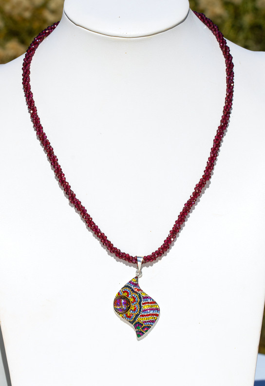 Hand-Made Pave Bead Silver Pendant With Garnet Twist Necklace. Live Show Item S4
