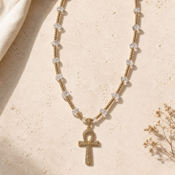 Ankh Eternal Life Necklace With Herkimer Quartz Diamonds And Hematite.   Live Show Item S9