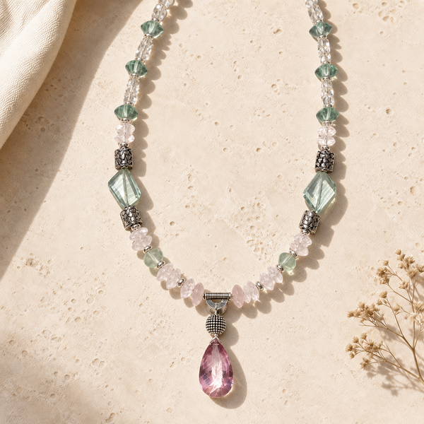 The Heart Chakra Necklace.  Pink Faceted Quartz Necklace With Green Prasiolite.   Live Show Item S17