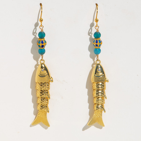 Fish Earrings With Blue Apatite And Cloisonne Beads - Live Show Item OC30