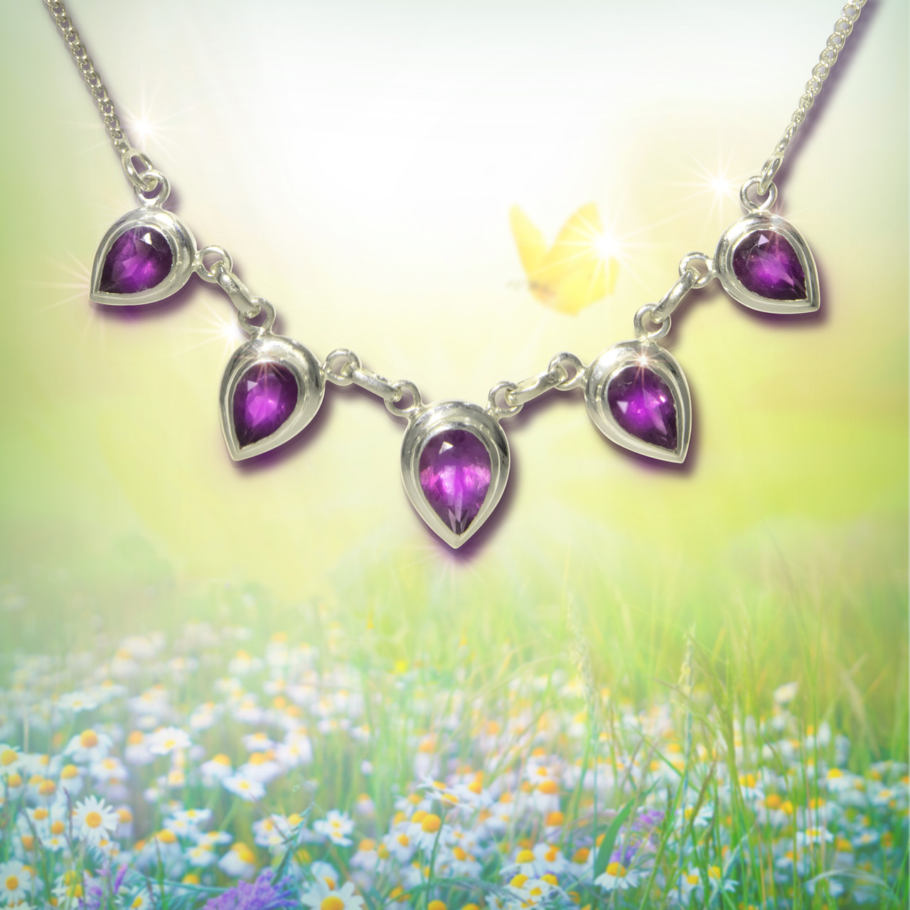 Image of Amethyst 5 Petal  Good Luck And Optimism Necklace. A bright and happy future awaits you.